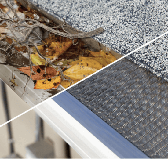 Split image shows two gutters: the left side is clogged with leaves and debris, while the right side features a clean gutter protected by a stainless steel micro-mesh guard from a trusted gutter guard manufacturer.